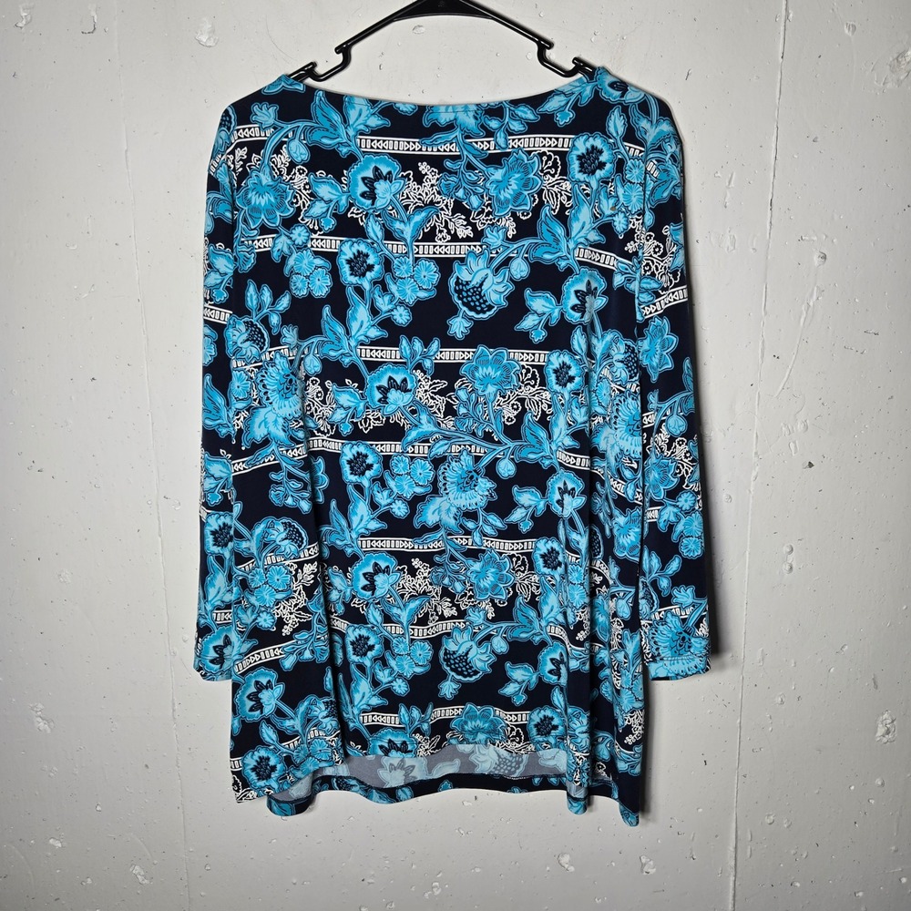 Ruby Rd Blue Floral Top Plus 1X Boho Stretch Coastal Tropical Casual Bright - Picture 2 of 7
